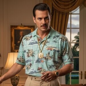 NWOT Windham Pointe M Vintage 90s Tropical Retro Eclectic Grandpa Hawaiian Polo